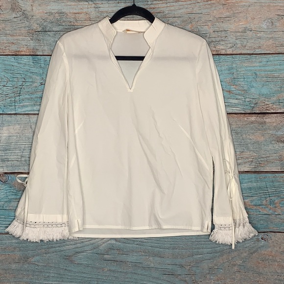 Tory Burch Tops - Tory Burch White Blouse Fringe Sleeves Tie 0